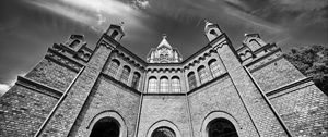 Preview wallpaper church, building, architecture, clouds, sky, bw