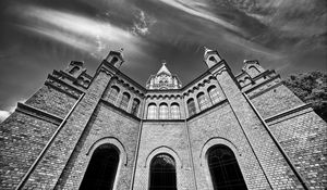 Preview wallpaper church, building, architecture, clouds, sky, bw