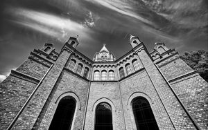 Preview wallpaper church, building, architecture, clouds, sky, bw