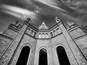 Preview wallpaper church, building, architecture, clouds, sky, bw