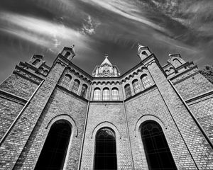 Preview wallpaper church, building, architecture, clouds, sky, bw