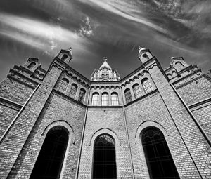 Preview wallpaper church, building, architecture, clouds, sky, bw