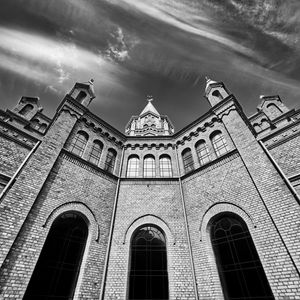Preview wallpaper church, building, architecture, clouds, sky, bw