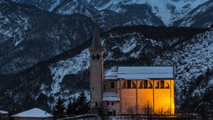 Preview wallpaper church, building, mountains, snow, sunset