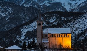 Preview wallpaper church, building, mountains, snow, sunset