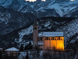 Preview wallpaper church, building, mountains, snow, sunset