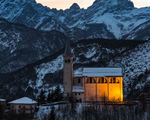 Preview wallpaper church, building, mountains, snow, sunset