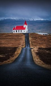 Preview wallpaper church, building, road, mountain, nature