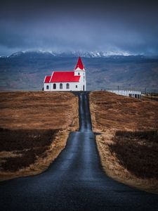 Preview wallpaper church, building, road, mountain, nature