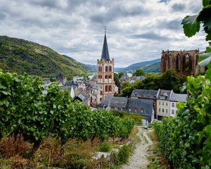 Preview wallpaper church, buildings, village, mountains, landscape