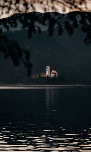 Preview wallpaper church, lake, branches, forest, dark