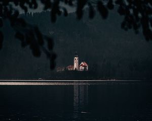Preview wallpaper church, lake, branches, forest, dark
