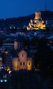 Preview wallpaper church, lights, buildings, architecture, night, city