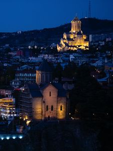 Preview wallpaper church, lights, buildings, architecture, night, city