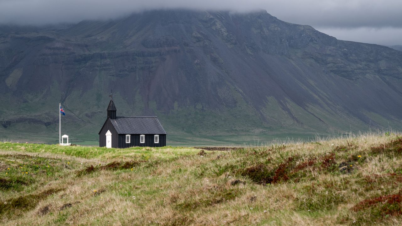 Wallpaper church, mountain, valley, flag, nature, iceland