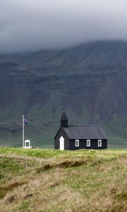 Preview wallpaper church, mountain, valley, flag, nature, iceland