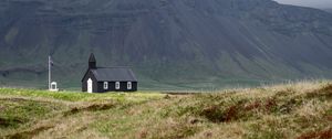 Preview wallpaper church, mountain, valley, flag, nature, iceland