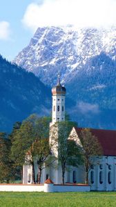 Preview wallpaper church, mountains, grass, trees, country