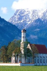 Preview wallpaper church, mountains, grass, trees, country