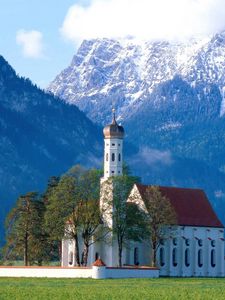 Preview wallpaper church, mountains, grass, trees, country