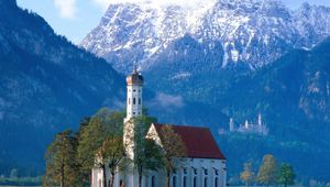 Preview wallpaper church, mountains, grass, trees, country