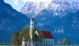 Preview wallpaper church, mountains, grass, trees, country