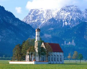 Preview wallpaper church, mountains, grass, trees, country