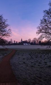 Preview wallpaper church, sunset, trees, grass, frost