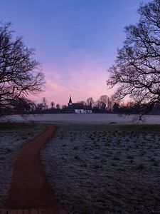 Preview wallpaper church, sunset, trees, grass, frost