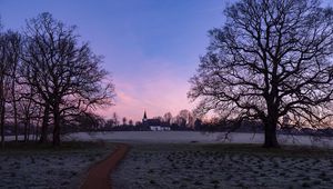 Preview wallpaper church, sunset, trees, grass, frost