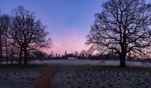 Preview wallpaper church, sunset, trees, grass, frost