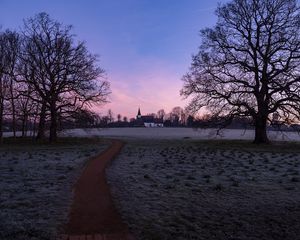 Preview wallpaper church, sunset, trees, grass, frost