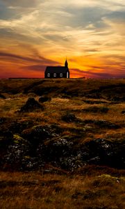 Preview wallpaper church, temple, horizon, sunset, grass, sky, iceland