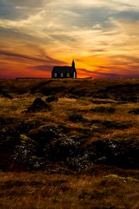 Preview wallpaper church, temple, horizon, sunset, grass, sky, iceland