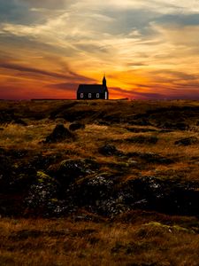 Preview wallpaper church, temple, horizon, sunset, grass, sky, iceland