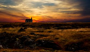 Preview wallpaper church, temple, horizon, sunset, grass, sky, iceland