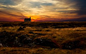 Preview wallpaper church, temple, horizon, sunset, grass, sky, iceland