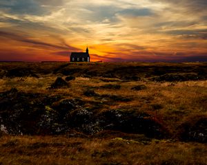 Preview wallpaper church, temple, horizon, sunset, grass, sky, iceland