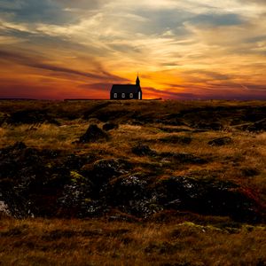 Preview wallpaper church, temple, horizon, sunset, grass, sky, iceland