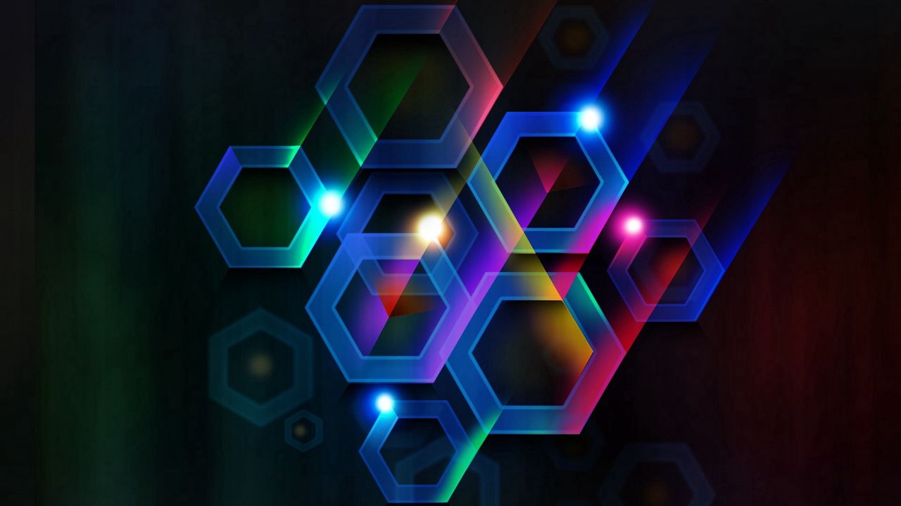 Wallpaper circles, hexagons, black background, lines