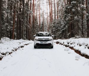 Preview wallpaper citroen, car, suv, white, forest, snow, winter