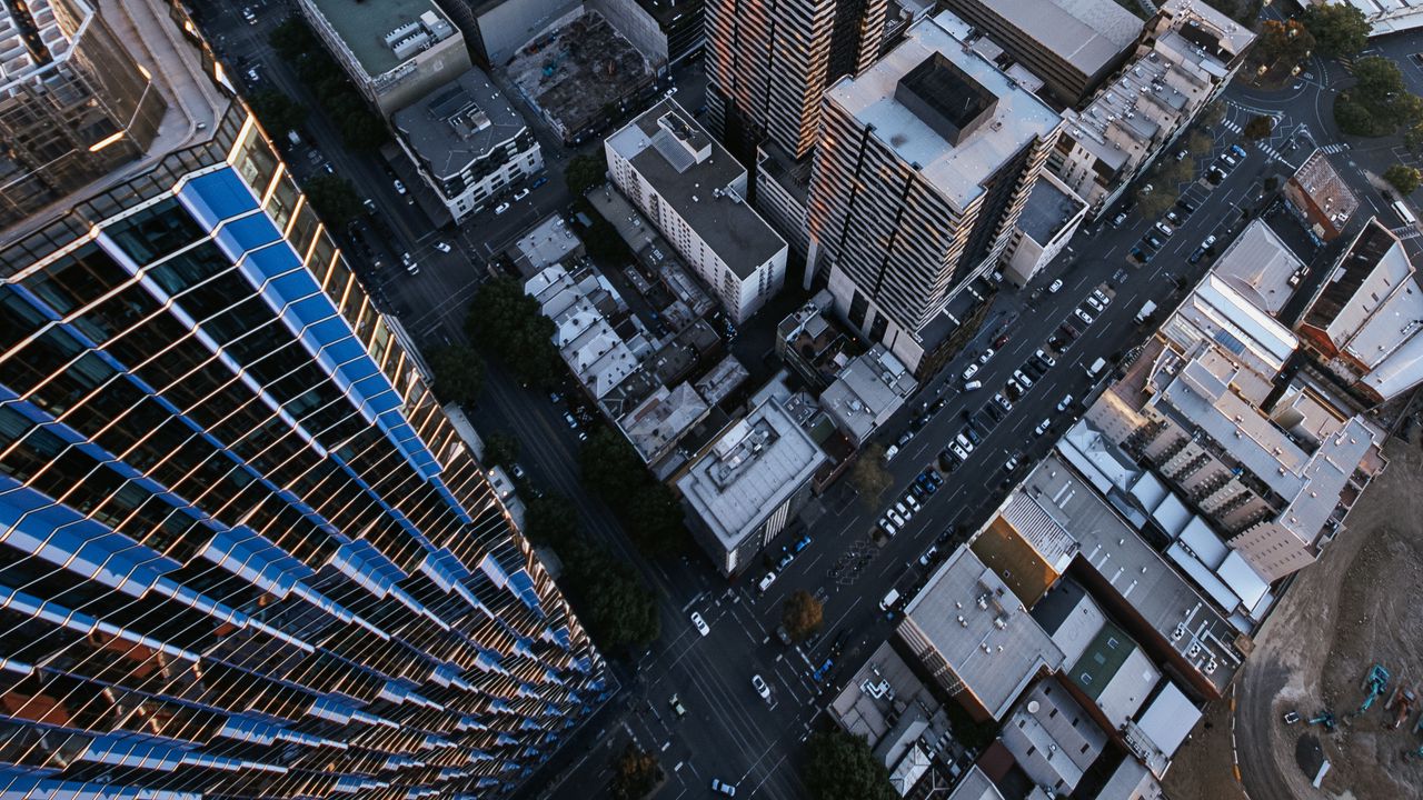 Wallpaper city, aerial  view, skyscraper, street