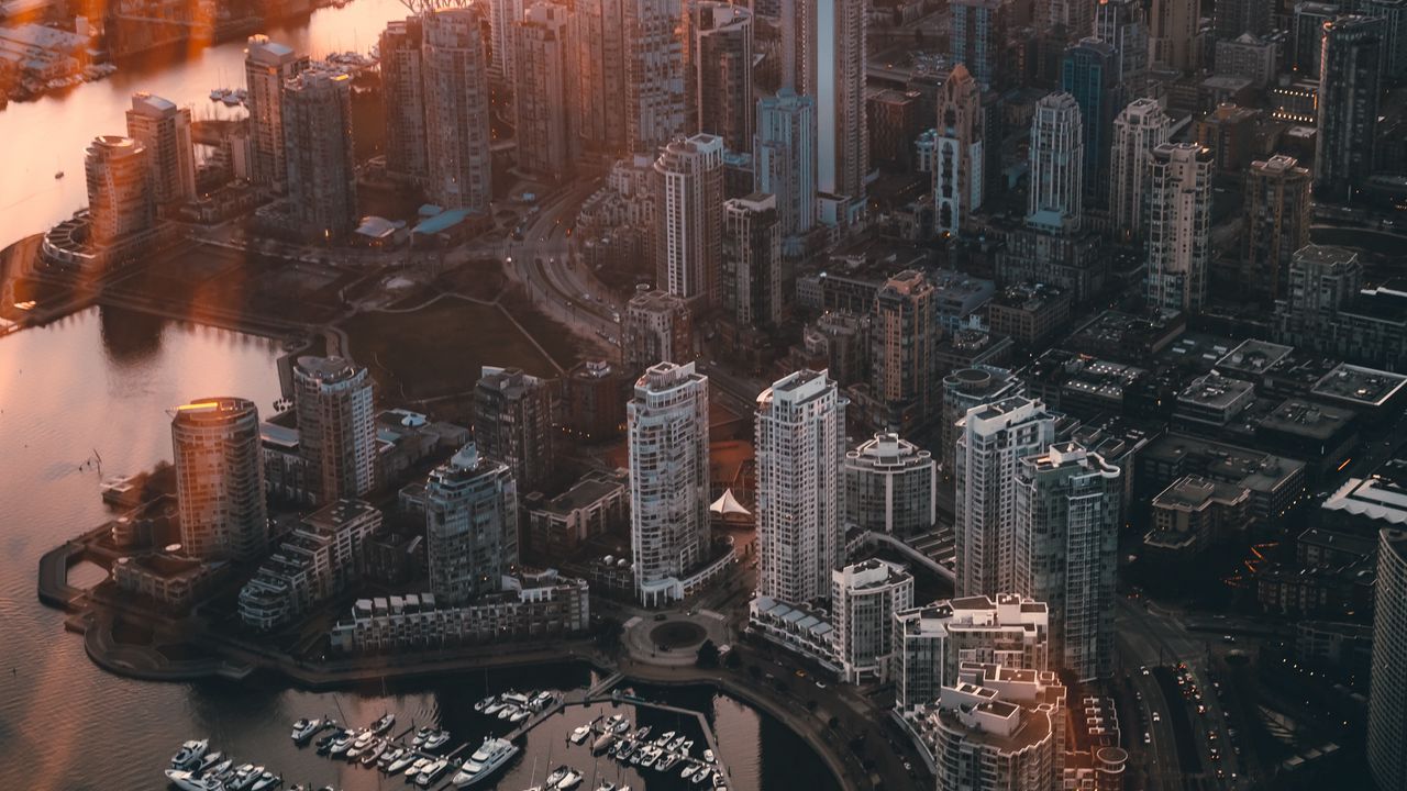 Wallpaper city, aerial view, architecture, sunlight, rays, vancouver, canada