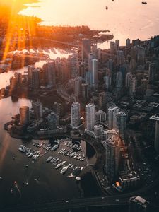 Preview wallpaper city, aerial view, architecture, sunlight, rays, vancouver, canada