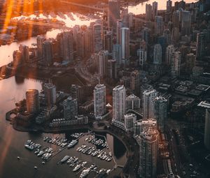Preview wallpaper city, aerial view, architecture, sunlight, rays, vancouver, canada