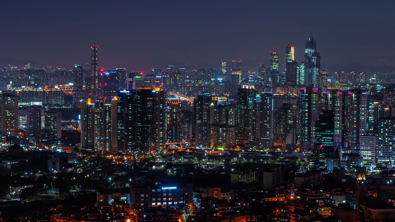 Wallpaper city, aerial view, architecture, buildings, night, city lights, cityscape, panorama