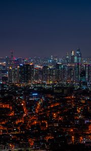 Preview wallpaper city, aerial view, architecture, buildings, night, city lights, cityscape, panorama