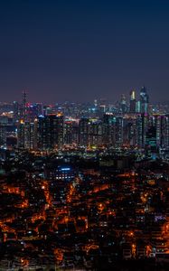 Preview wallpaper city, aerial view, architecture, buildings, night, city lights, cityscape, panorama