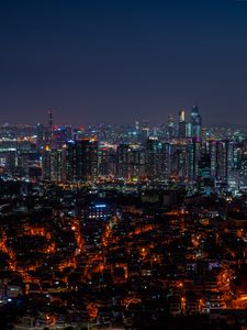 Preview wallpaper city, aerial view, architecture, buildings, night, city lights, cityscape, panorama