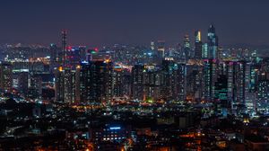 Preview wallpaper city, aerial view, architecture, buildings, night, city lights, cityscape, panorama